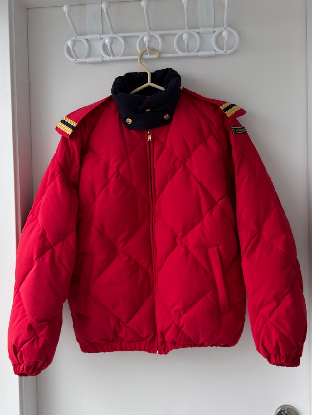 Ralph Lauren Red Quilted Puffer Jacket with Navy Collar and Gold Trim